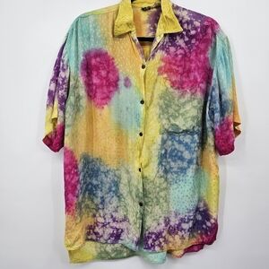 Lotus Vintage Tie Dye Button Down Shirt Medium – 100% Rayon Boho Festival Top